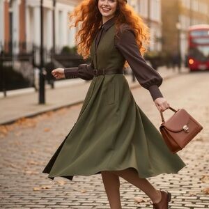 NWT Retro Stage GREEN 1950S V-NECK POCKETS BELTED VEST DRESS